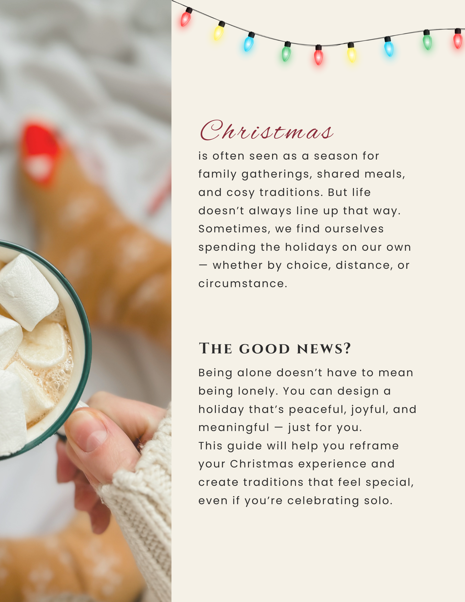 A page about spending Christmas on your own, beside a photo of hot cocoa
